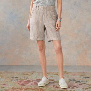 Sundance Wilde Linen Bermuda Shorts Tan High Rise Blue Stripe Button Det…